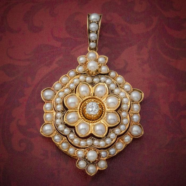 Antique Victorian Pearl Diamond Flower Pendant