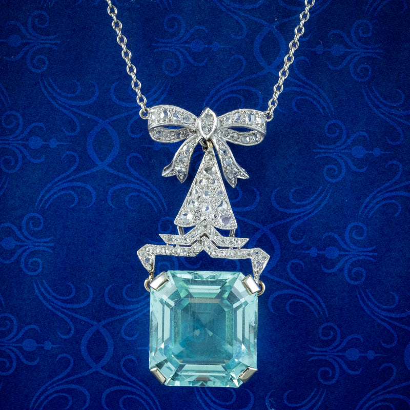 Antique Art Deco Aquamarine Diamond Lavaliere Necklace 30ct Aqua