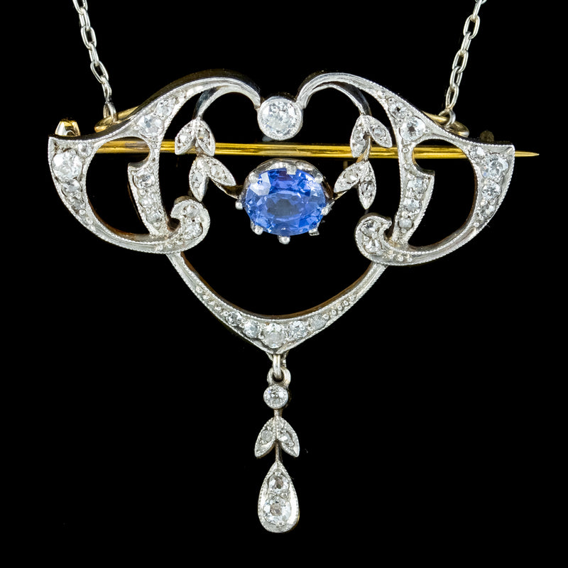 Antique Edwardian Ceylon Sapphire Diamond Lavaliere Pendant Necklace With Cert