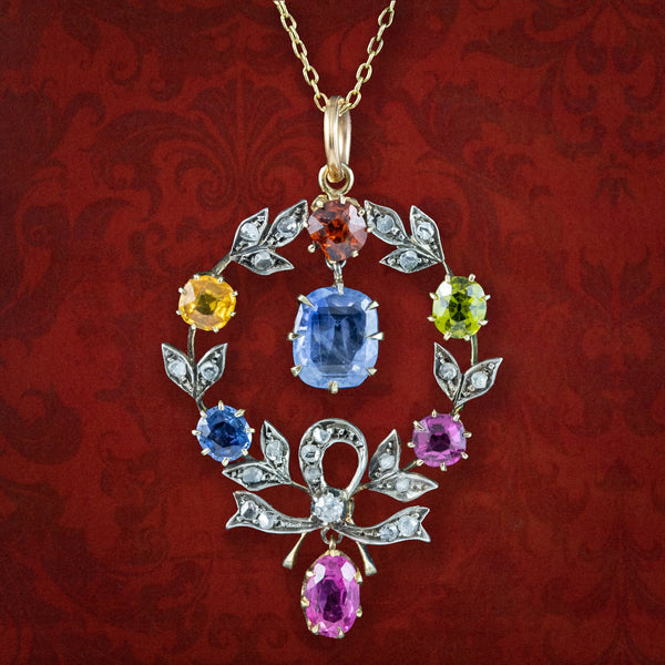 Antique Edwardian Gemstone Harlequin Pendant Necklace