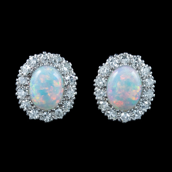 Antique Edwardian Opal Diamond Cluster Stud Earrings 18ct Gold