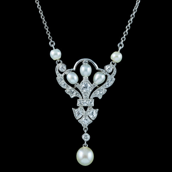 Antique Edwardian Pearl Diamond Lavaliere Necklace 14ct Gold