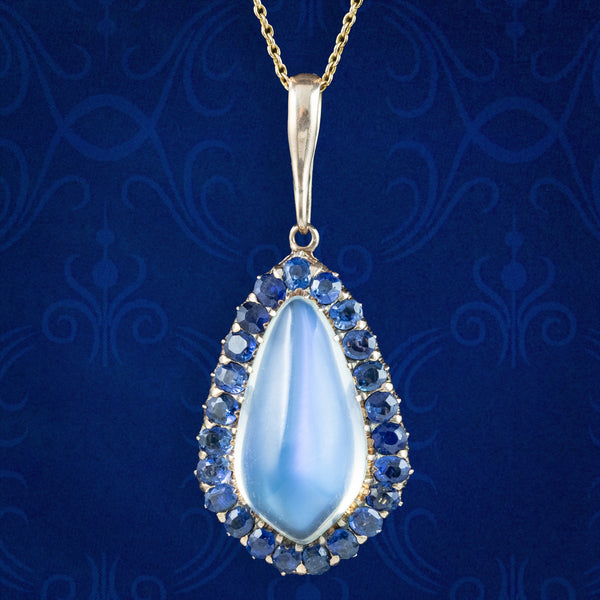 Antique Victorian Moonstone Sapphire Pendant Necklace 15ct Moonstone 