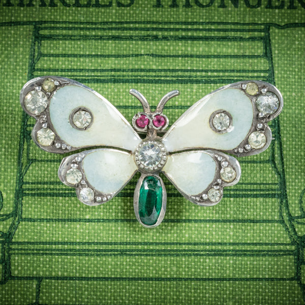 Antique Victorian Paste Emerald Butterfly Brooch Silver Dated 1902 COVER
