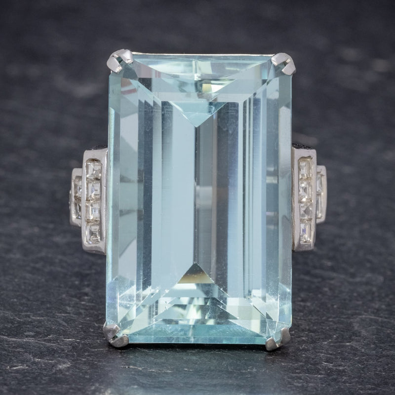 Art Deco French 56ct Aquamarine Diamond Ring Platinum Circa 1930 FRONT