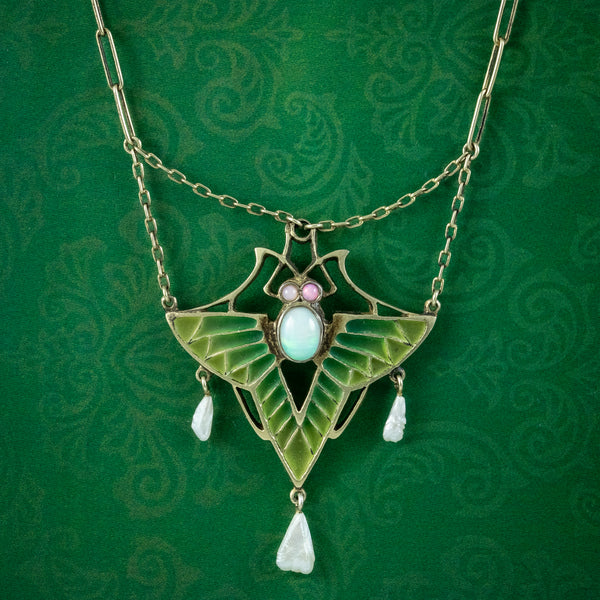 Antique Art Nouveau Plique A Jour Opal Pearl Butterfly Necklace