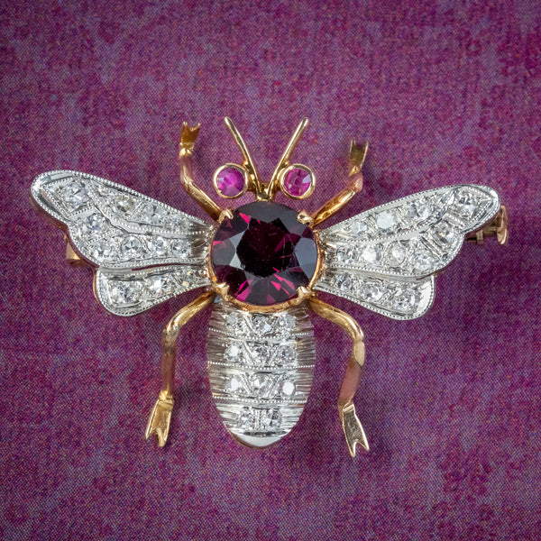 Antique Edwardian French Bee Brooch Diamond Garnet Ruby - Main Image