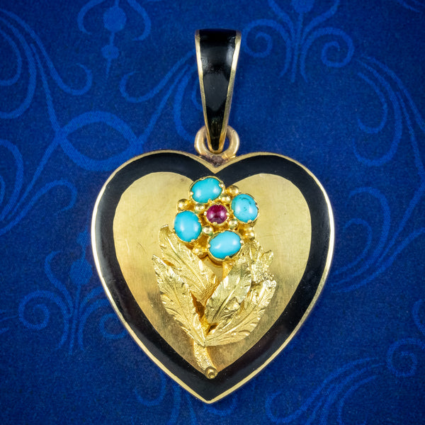 Antique Victorian Heart Locket Turquoise Ruby Forget Me Not 18ct