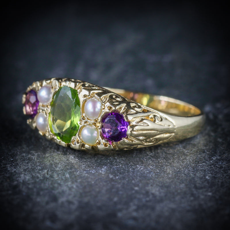 SUFFRAGETTE RING AMETHYST PERIDOT PEARL 9CT GOLD RING SIDE