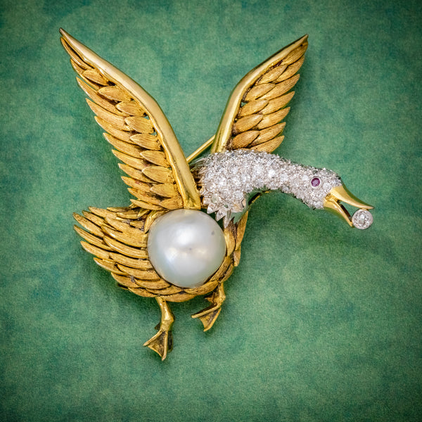 Vintage Diamond Swan Brooch 18Ct Gold Diamond Pearl Egg