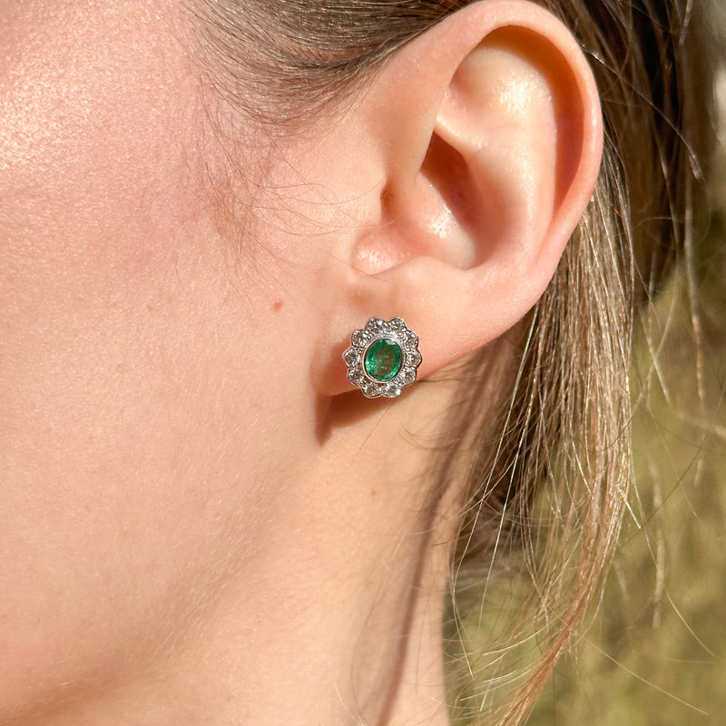 Edwardian Style Emerald Diamond Cluster Earrings 18ct Gold 0.60ct Emeralds
