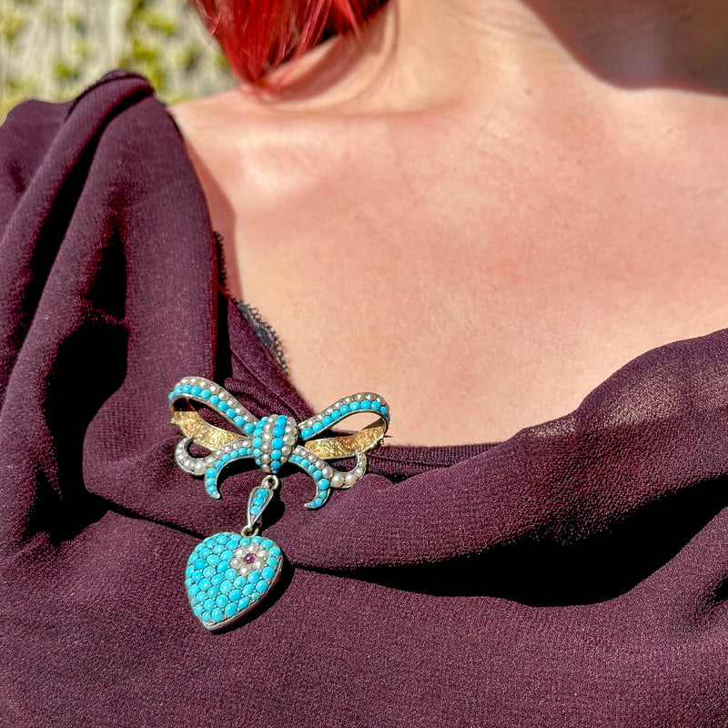 Antique Victorian Turquoise Pearl Bow Brooch And Heart Locket