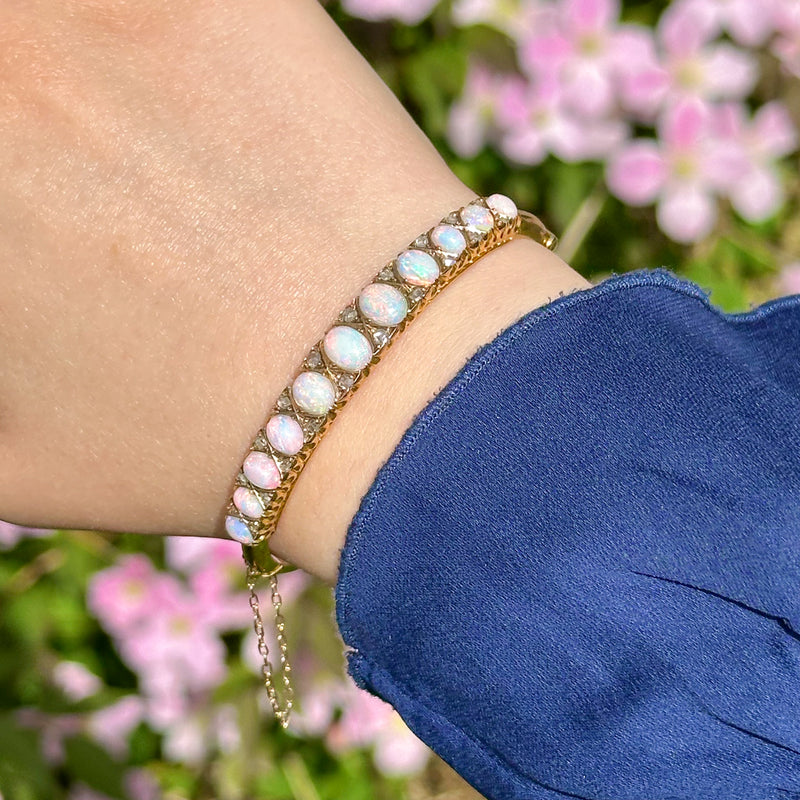 Antique Victorian Opal Diamond Bangle 15ct Gold