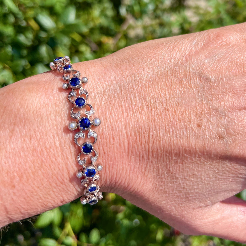 Antique Victorian Diamond Sapphire Pearl Bracelet Silver 18ct Gold