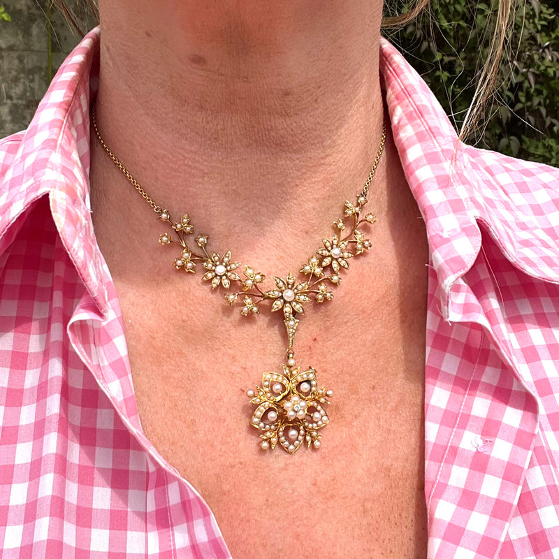 Antique Victorian Pearl Flower Lavaliere Pendant Necklace 15ct Gold 