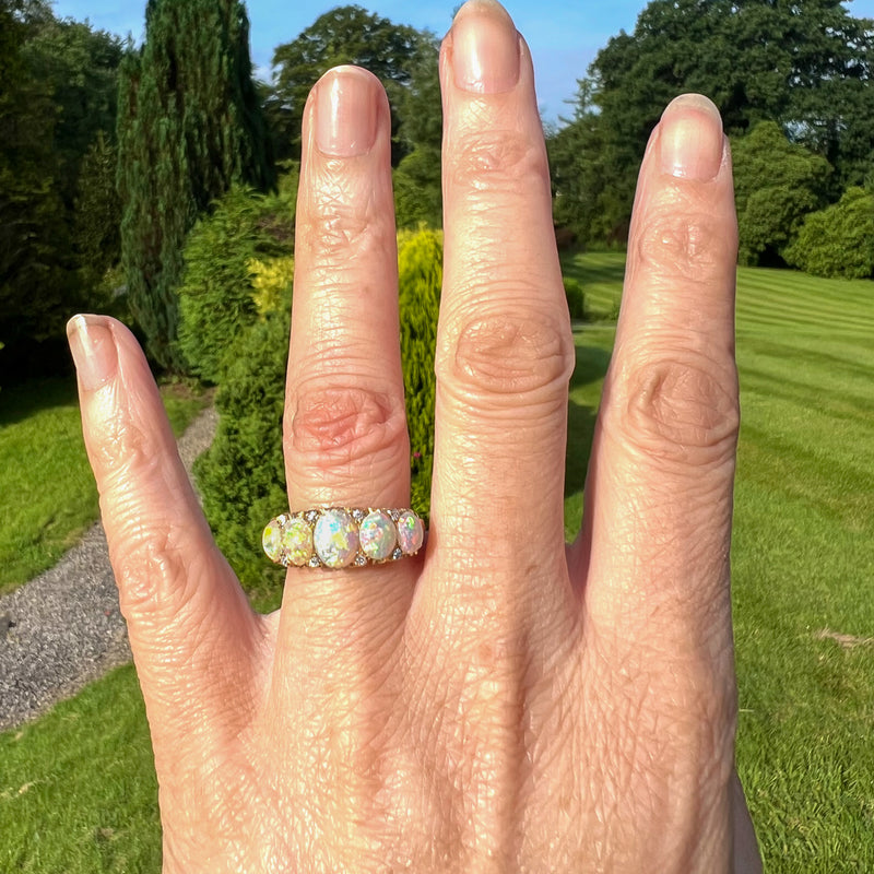 Antique Victorian Natural Opal Diamond Five Stone Ring