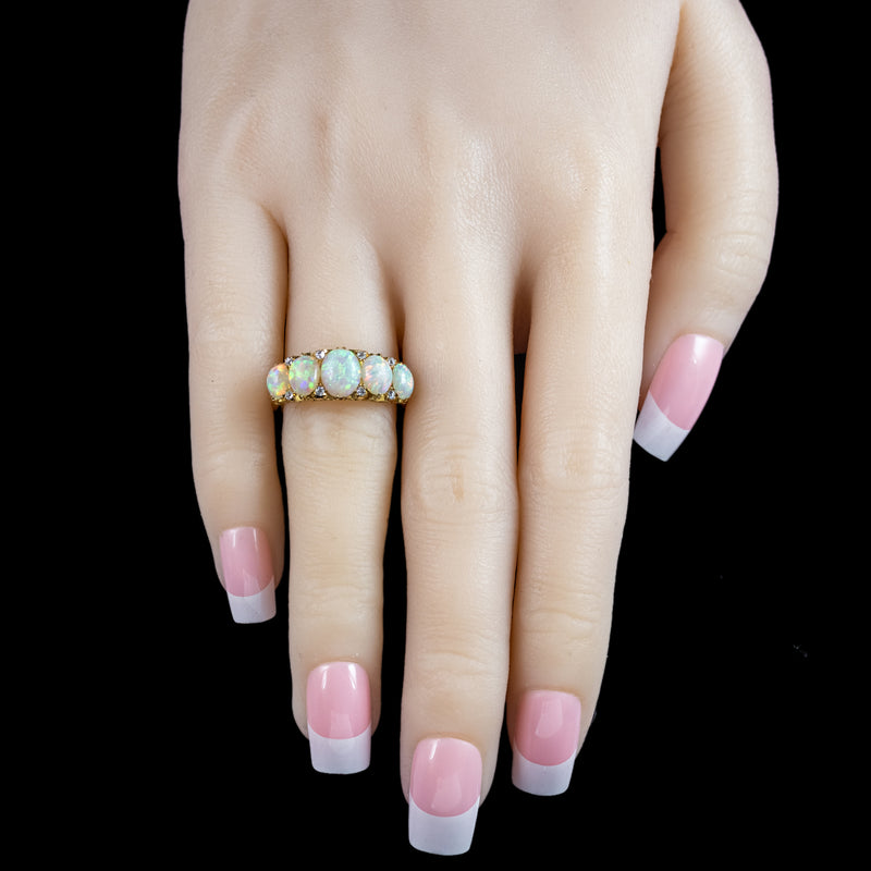 Antique Victorian Natural Opal Diamond Five Stone Ring