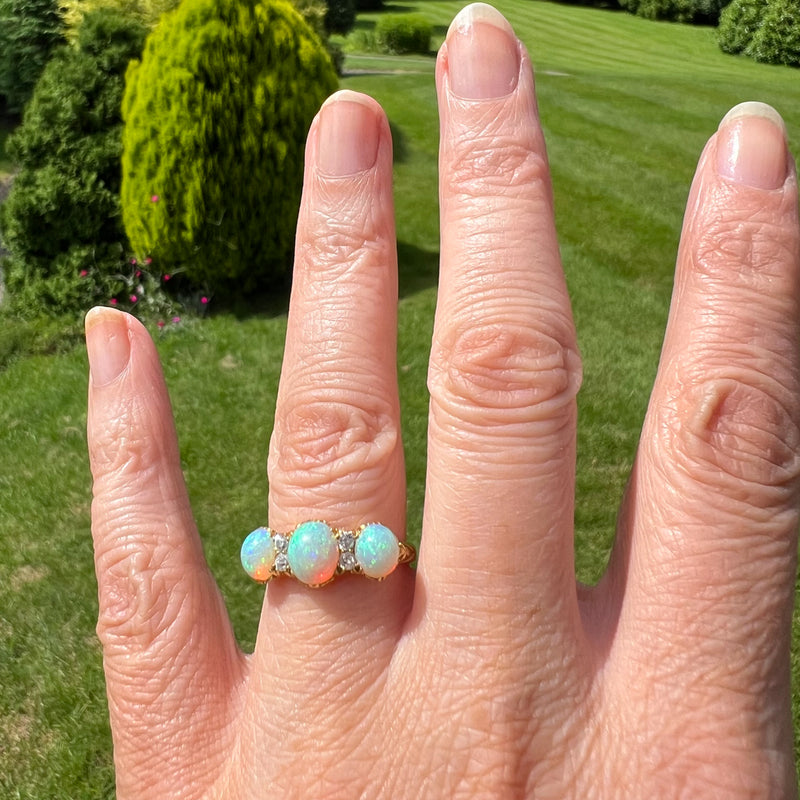 Antique Victorian Opal Diamond Trilogy Ring 2.8ct Opal