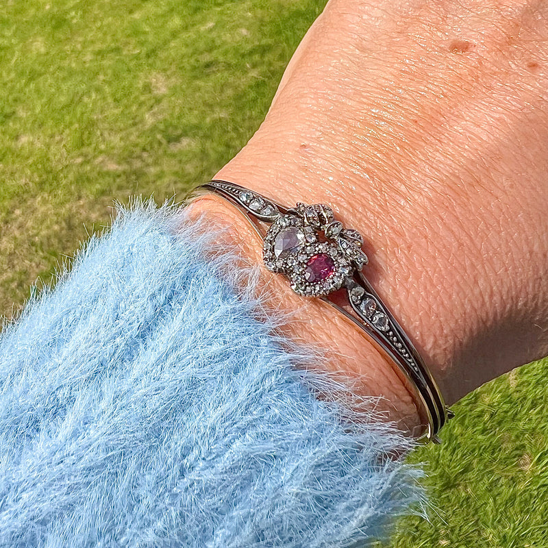Antique Victorian Ruby Diamond Heart Bangle Silver 18ct Gold