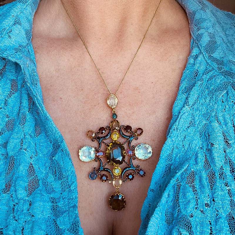 Antique Victorian Large Multi-Gemstone Harlequin Pendant With Box