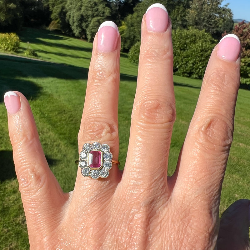 Art Deco Sapphire Diamond Cluster Ring 1.2ct Pink Sapphire