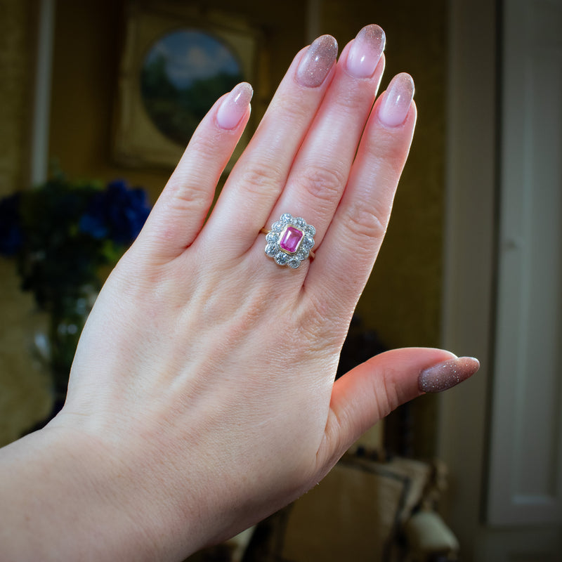 Art Deco Sapphire Diamond Cluster Ring 1.2ct Pink Sapphire
