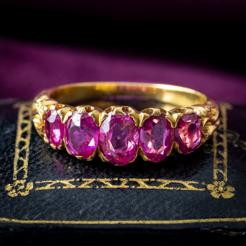 Antique Victorian Pink Sapphire Five Stone Ring 1.9ct Total