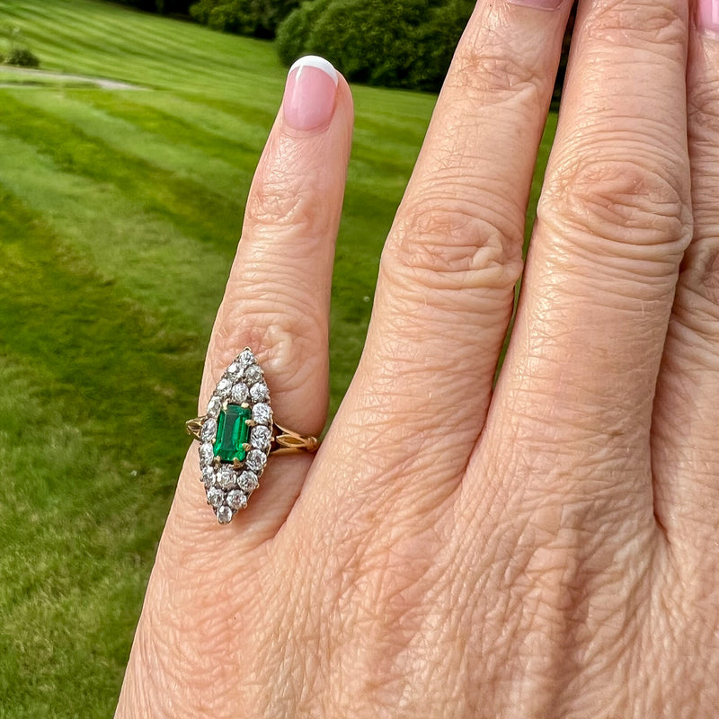Antique Victorian Emerald Diamond Navette Cluster Ring 0.50ct Emerald