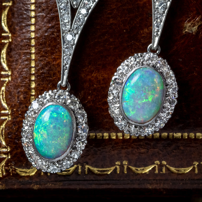Antique Edwardian Opal Diamond Drop Earrings Platinum With Box