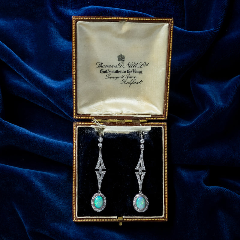 Antique Edwardian Opal Diamond Drop Earrings Platinum With Box