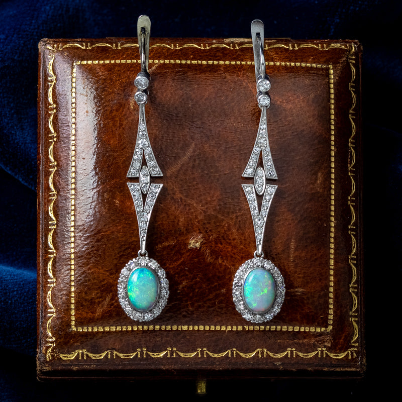 Antique Edwardian Opal Diamond Drop Earrings Platinum With Box