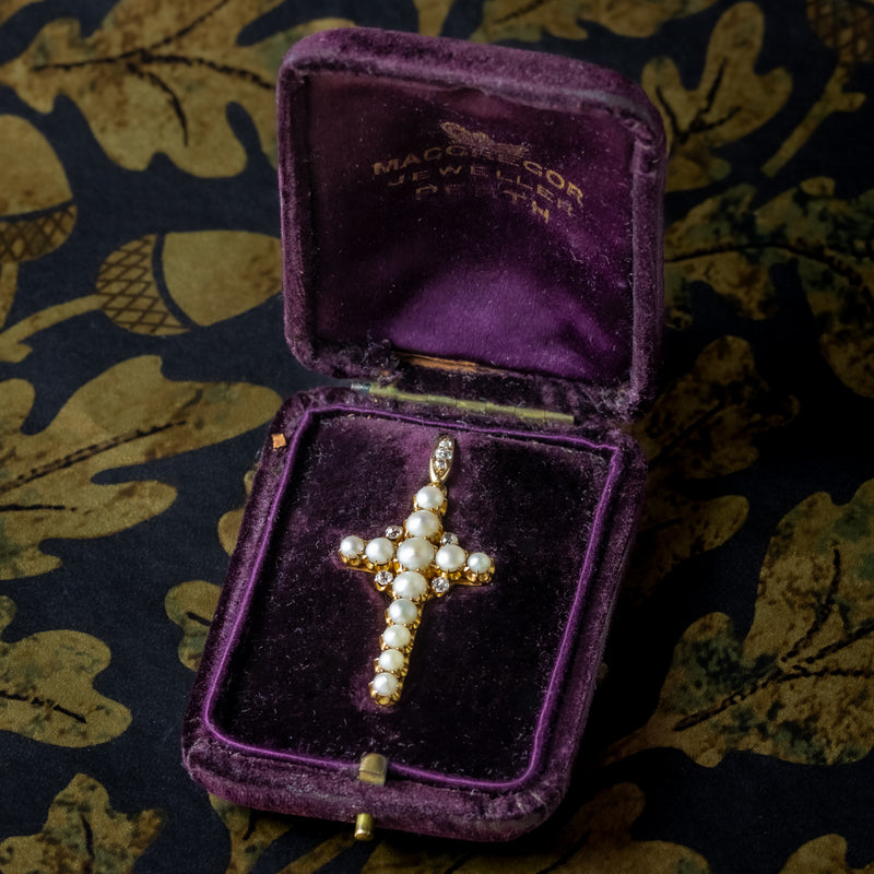 Antique Victorian Pearl Diamond Cross Pendant 18ct Gold With Box