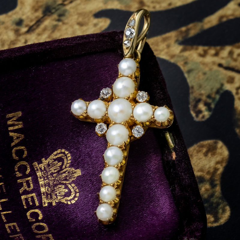 Antique Victorian Pearl Diamond Cross Pendant 18ct Gold With Box