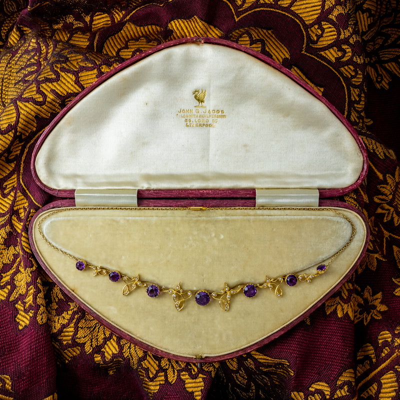 Antique Victorian Amethyst Pearl Necklace 15ct Gold With Box