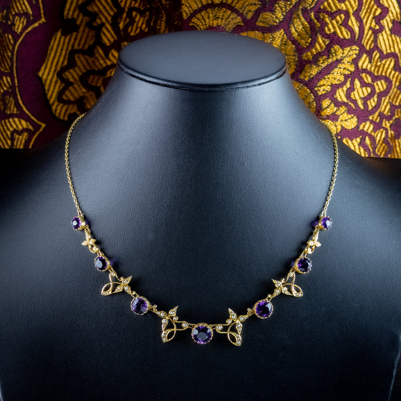 Antique Victorian Amethyst Pearl Necklace 15ct Gold With Box