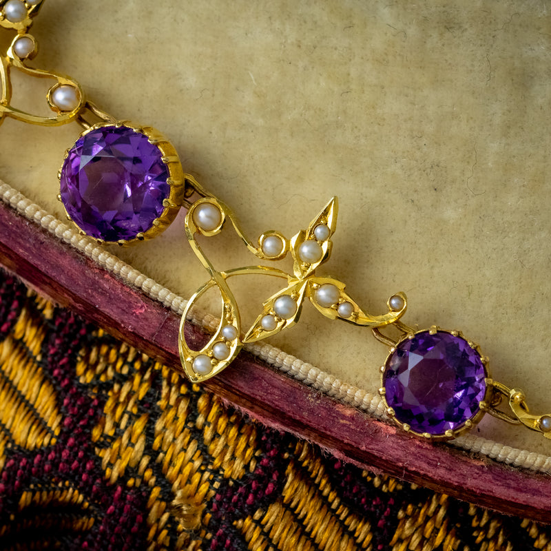 Antique Victorian Amethyst Pearl Necklace 15ct Gold With Box