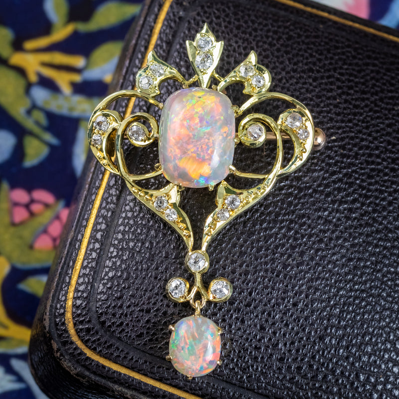 Antique Victorian Opal Diamond Brooch Pendant 15ct Gold With Box