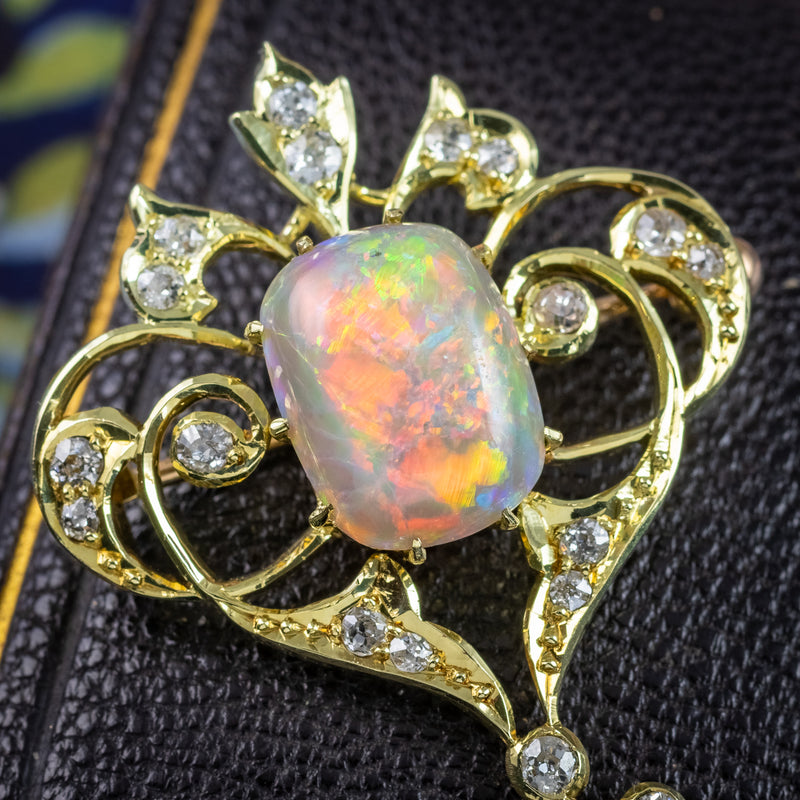 Antique Victorian Opal Diamond Brooch Pendant 15ct Gold With Box