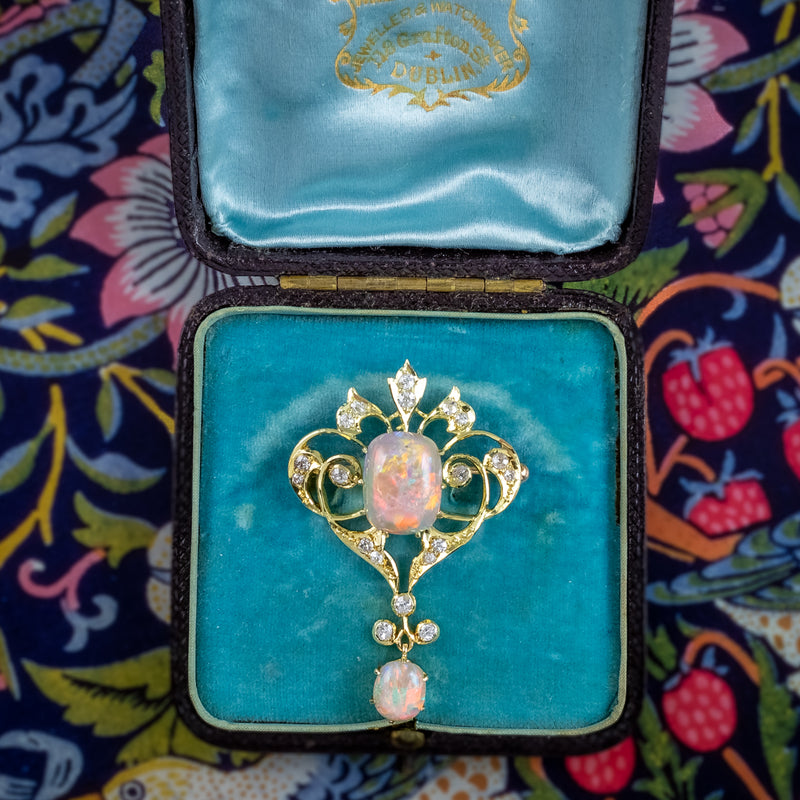 Antique Victorian Opal Diamond Brooch Pendant 15ct Gold With Box