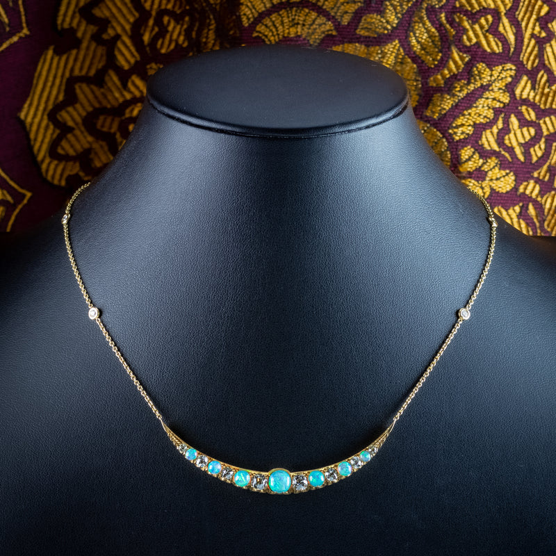Antique Victorian Opal Diamond Necklace Crescent Moon 18ct Gold With Box