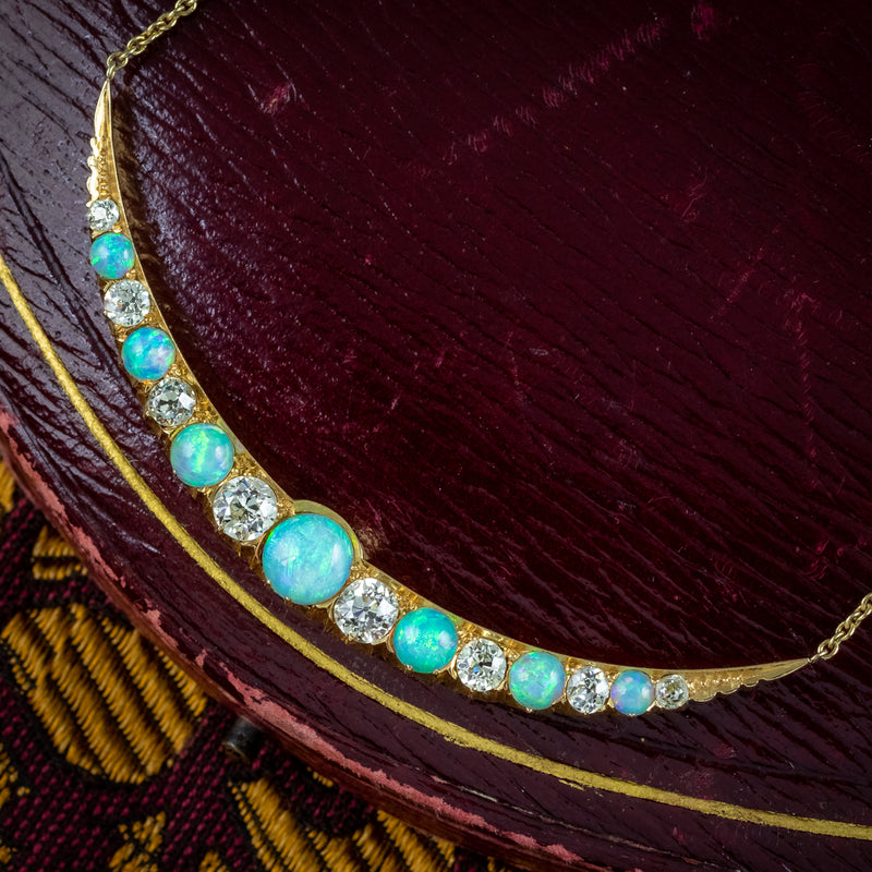 Antique Victorian Opal Diamond Necklace Crescent Moon 18ct Gold With Box
