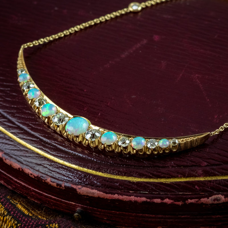 Antique Victorian Opal Diamond Necklace Crescent Moon 18ct Gold With Box