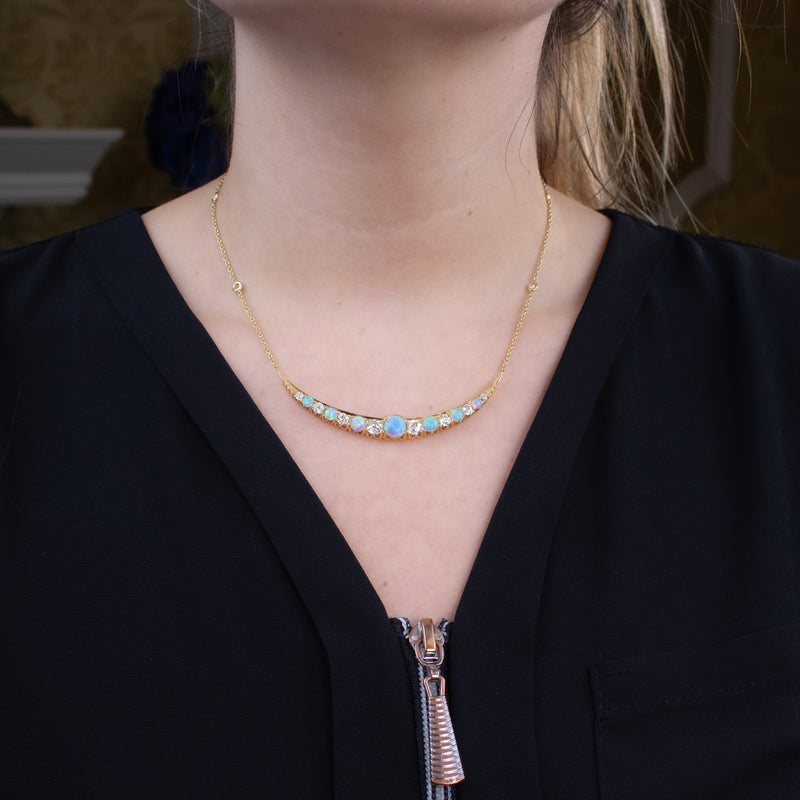 Antique Victorian Opal Diamond Necklace Crescent Moon 18ct Gold With Box