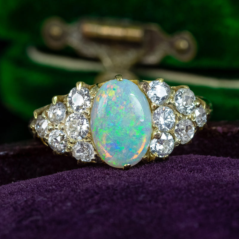 Antique Victorian Opal Diamond Cluster Ring 1.1ct Opal