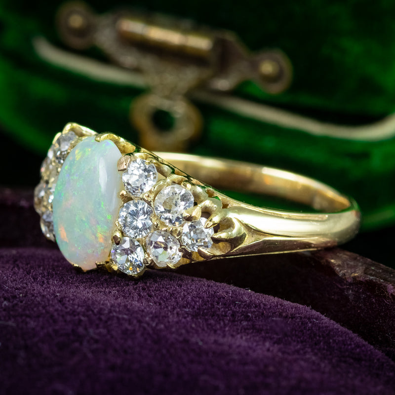 Antique Victorian Opal Diamond Cluster Ring 1.1ct Opal