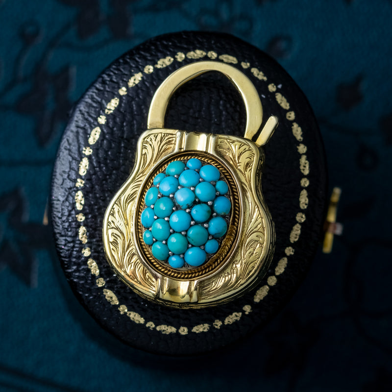 Antique Victorian Etruscan Turquoise Padlock Pendant 18ct Gold 