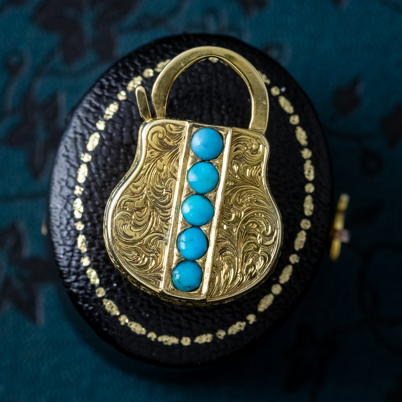 Antique Victorian Etruscan Turquoise Padlock Pendant 18ct Gold 
