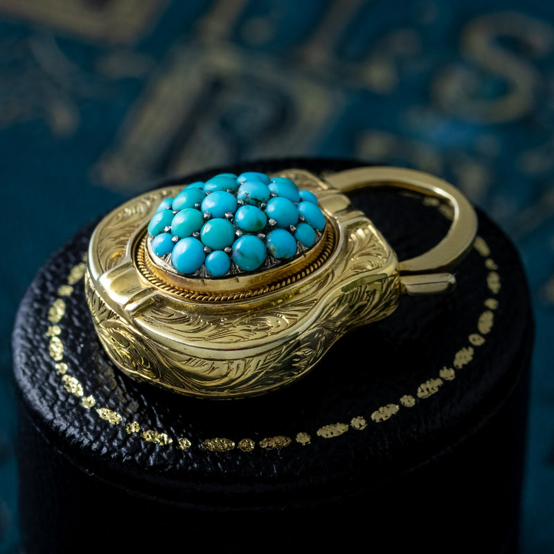 Antique Victorian Etruscan Turquoise Padlock Pendant 18ct Gold 