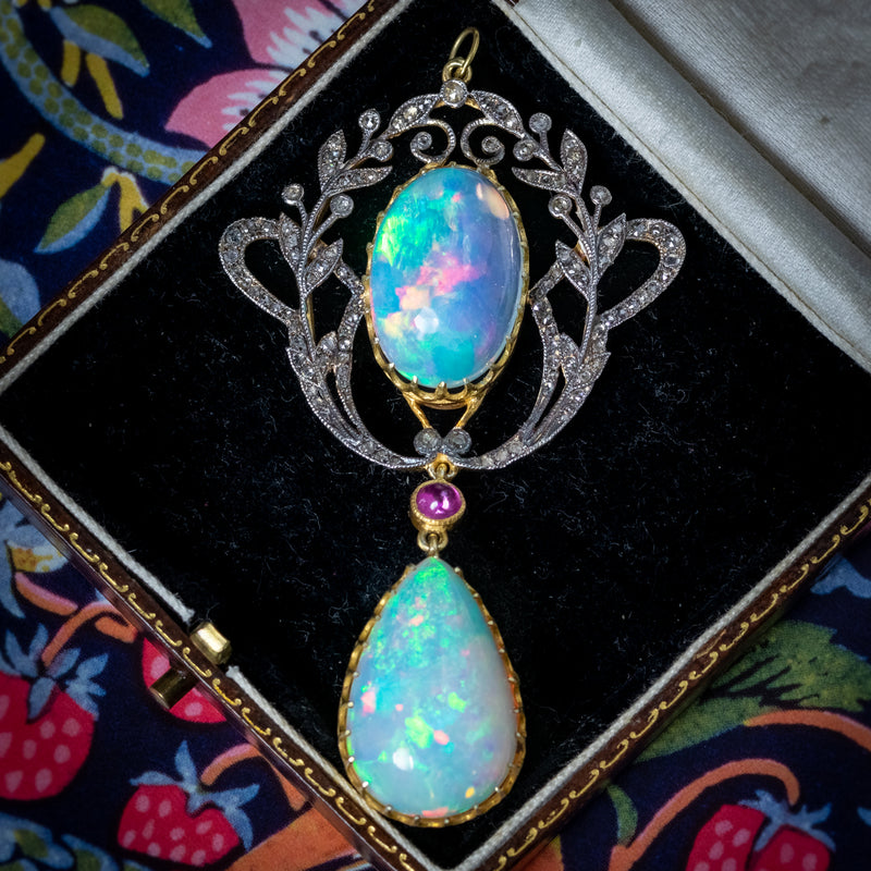 Vintage Opal Diamond Ruby Pendant Silver Gold With Box