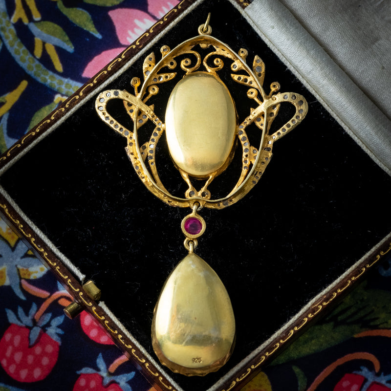 Vintage Opal Diamond Ruby Pendant Silver Gold With Box